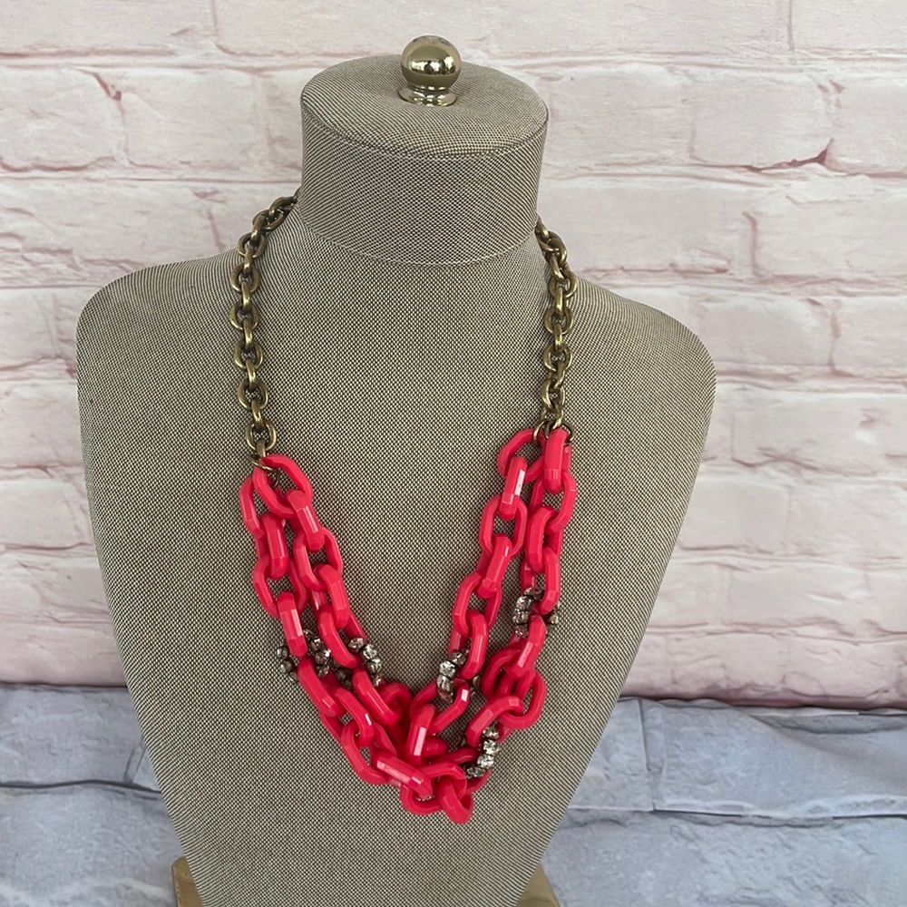 J.Crew chain-link necklace, Lucite, plastic rhinestone metal double strand pink.